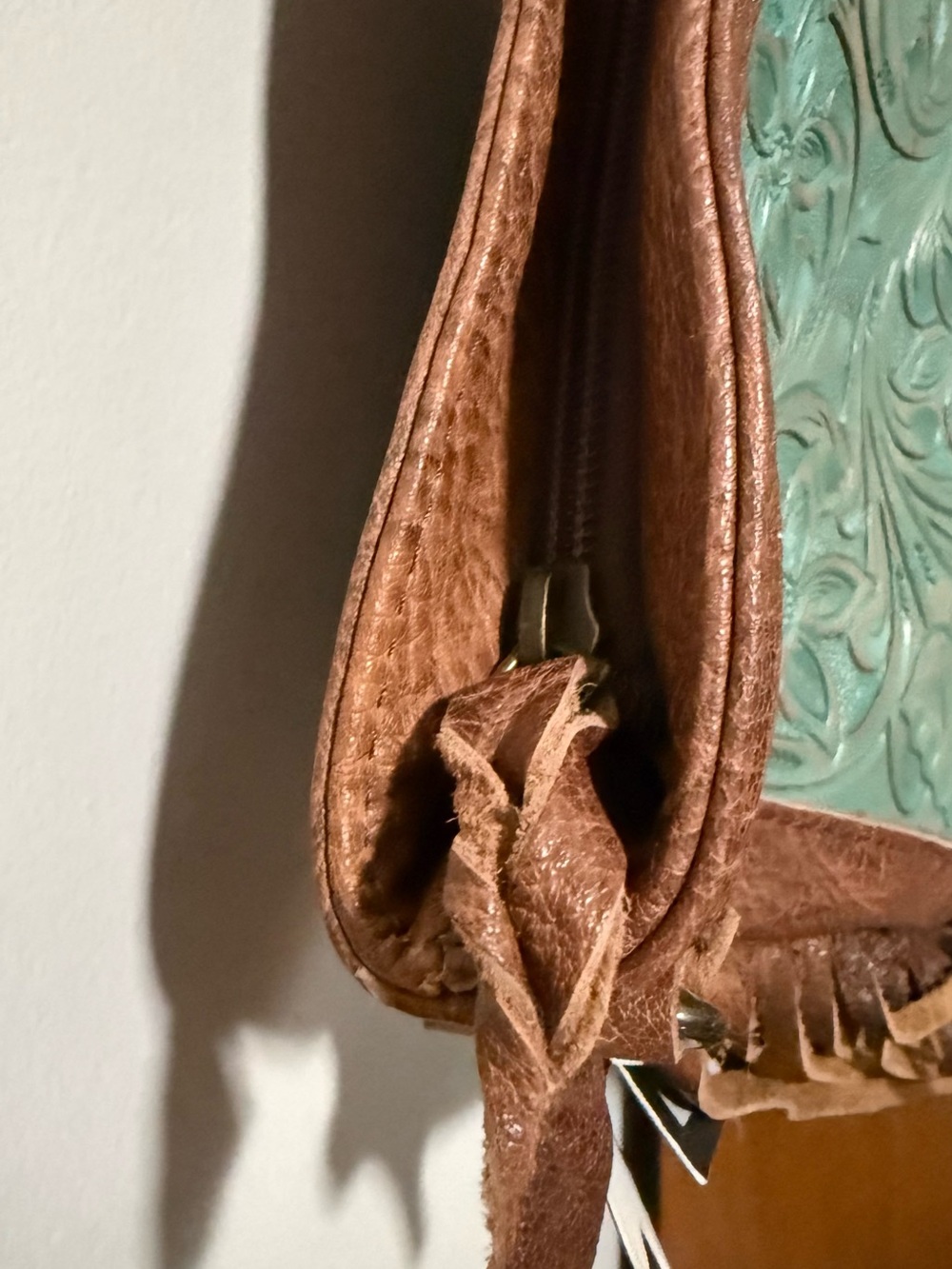 American Darling Turquoise Tooled Leather Fringe Crossbody with Brown Accents - Picture 10 of 15